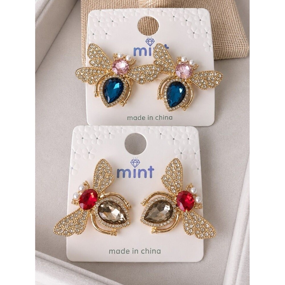 2pc Sparkling Bee Rhinestone Statement Earrings – Gold Tone | Crystal & Pearls